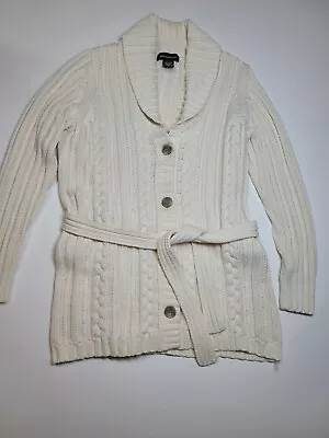 Buy Eddie Bauer Women's Cozy Sweater Cable Knit Cardigan Tie Waist Cream Size M • 22.38£