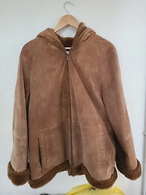 Buy Hi-Buxter Leather Suede Hooded Sherpa Fur Womens Jacket Size 44 (XL) • 26.99£