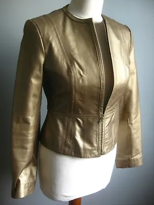 Buy M&S Gold Leather JACKET COAT Metallic 8 10 Bolero Cropped Xmas Party Real BNWT • 109.99£