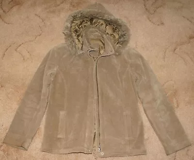Buy Littlewoods Berkertex Ladies Beige Leather Fur Trimmed Hooded Jacket, Size 10 • 9.99£