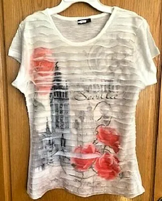 Buy NWOT Women Safon T-Shirt Spanish Sevilla Red Roses Print Cream Ruffled Front L • 47.31£