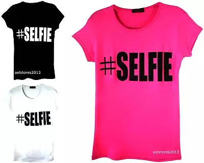 Buy Girls Selfie T-Shirt Hashtag White Top Black T Shirt Pink Tee Cerise 5-6 Years • 6.99£