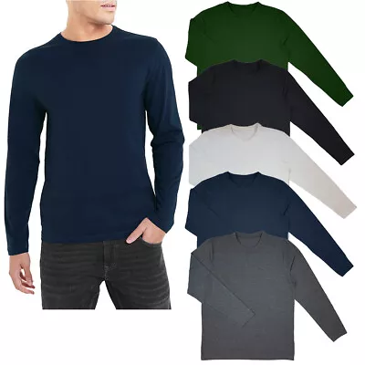Buy Mens Long Sleeve T Shirt Plain Cotton Crew Neck Slim Fit New Casual Basic Top • 5.96£