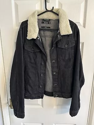 Buy Mens Denim Jacket With Sherpa Collar Trucker Fur Classic Coat Black Size Medium • 24.99£