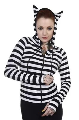 Buy Women's Black White Striped Emo Rockabilly Punk Cat Ears Hoodie BANNED Apparel • 30.99£