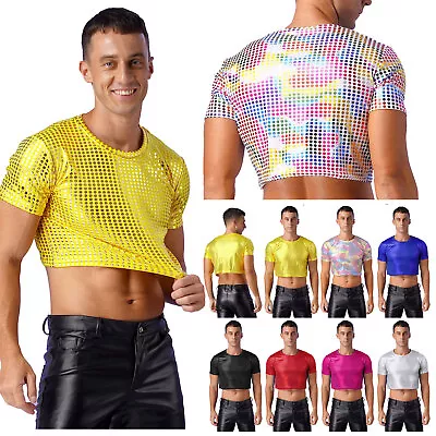 Buy Mens Shiny Summer Shirt Glitter Crop Top Street Blouse Sequins Costume Party • 15.59£