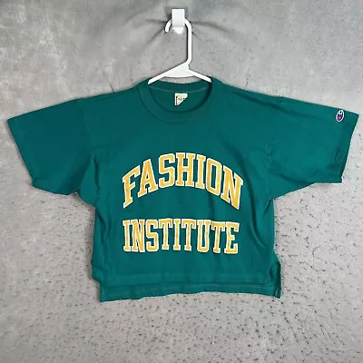 Buy Vintage 90s Champion Fashion Institute Cropped T Shirt Womens Medium Green USA • 42.62£