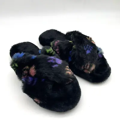 Buy NWOB Bearpaw Brielle X-band Black Faux Fur & Colorful Pawprints Slides Size 6.5 • 27.35£