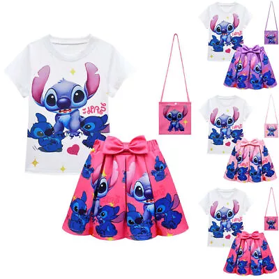 Buy Kids Girl Lilo And Stitch Outfit T-Shirt + Pleated Bow Skirts + Shoulder Bag Set • 17.79£