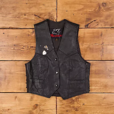 Buy Vintage Mustang Leather Gilet S Biker Vest Black Snap • 40.49£