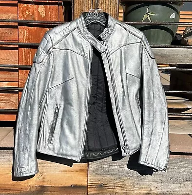 Buy Silver Metallic Heavy Leather Motorcycle Jacket Vintage Punk Women's M • 154.42£