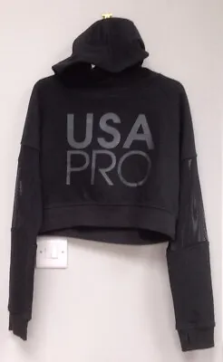 Buy Black Hoodie - USA Pro - Crop Mesh Gym Workout Hooded Cropped Top - Size 8 (J14) • 13.99£