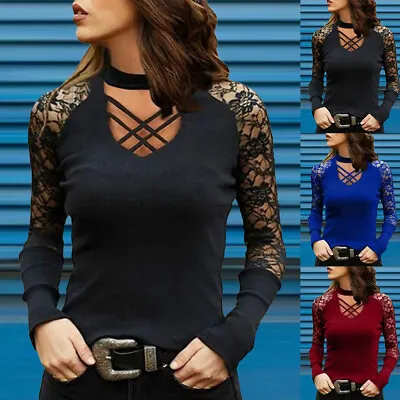 Buy Halloween Women Gothic Lace Long Sleeve V Neck Tops Punk T Shirt Blouse Size 14 • 3.89£