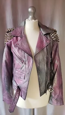 Buy Custom Metallic Leather Spikey Biker Jacket  In Silver, Dark Pink | Punk Goth • 15£