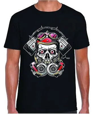 Buy Motorcycle Biker Steampunk Skull MotoWear Design Premium Black DTG T-shirt Tee • 19.99£