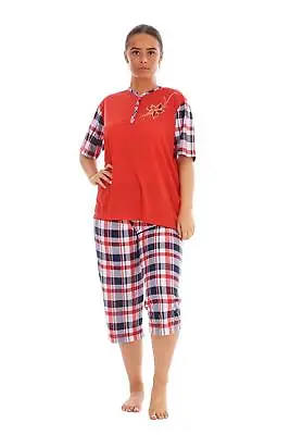 Buy Ladies Pyjama Set Short 100%Cotton Tartan Check Cropped Capri V-Neck Lounge Wear • 11.95£