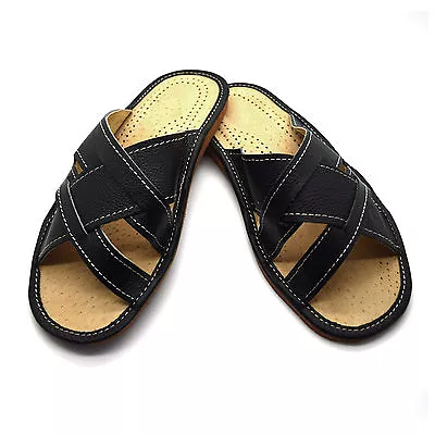 Buy Mens Leather Slippers Slip On Shoes Sandals Size 6 7 8 9 10 11 12 UK Black • 9.99£