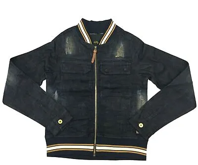 Buy A. Tiziano Navy Terry Full-Zip Distressed Denim Jacket - S • 127.40£