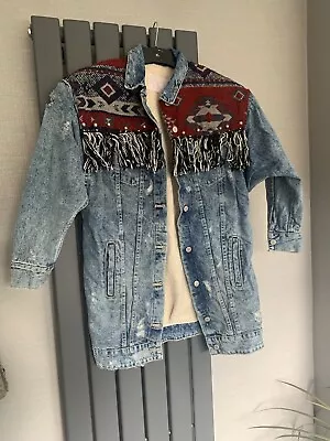 Buy Ladies Zara Aztec Fleece Denim Oversized Jacket, Fringe, Western, Tassels Size S • 29.99£