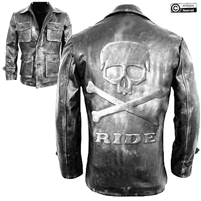 Buy Mens Cafe Racer Biker Distressed Leather Jacket Coat Embossed Skull And Bones • 229.99£