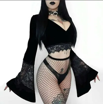 Buy Gothic Ladies Lace Long Batwing Sleeve Clubwear Clothes Halloween Crop Tops Punk • 26.28£