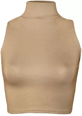 Buy Ladies Women Turtle Polo Neck T-Shirt Plain Sleeveless Stretch Crop Top Vest • 5.99£