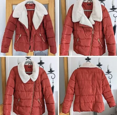 Buy Ladies Roman Rust Red Biker Padded Puffer Jacket Faux Fur Collar UK Size 16 • 5.99£