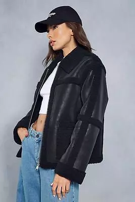 Buy MISSPAP Textured Leather Look Borg Zipped Jacket • 25£