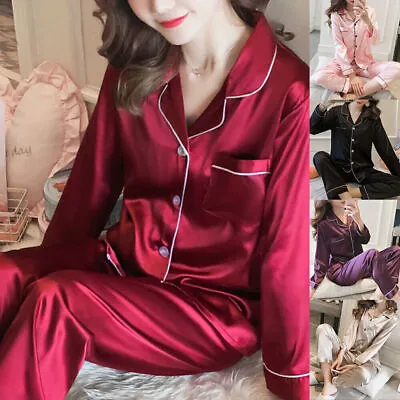 Buy Womens Satin Pyjamas Ladies PJs Silk Long Sleeve Soft Sleepwear Nightwear Set UK • 3.59£