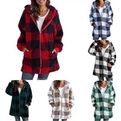 Buy Ladies Teddy Bear Fleece Fur CHECKED Coat Hooded Jacket Zip Up Outwear Hoodies • 7.20£