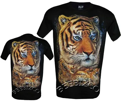 Buy Bengal Tiger Biker With Cubs Print Black 100% Cotton T-Shirt M - 4XL • 12.99£