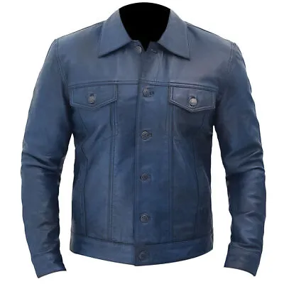 Buy Mens Trucker Jacket Denim Style Western Cowboy Leather Shirt Biker Wear • 89.99£