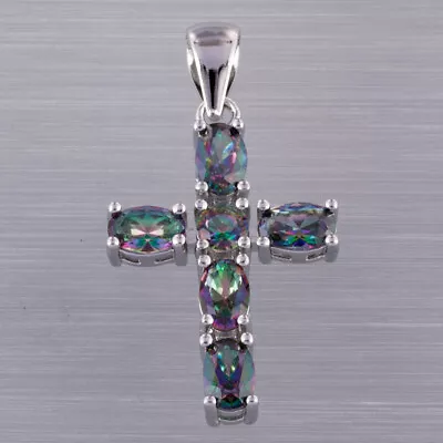 Buy 4x6 Oval Rainbow Mystic Topaz Latin Cross Silver Jewellery Pendant For Necklace • 4.10£