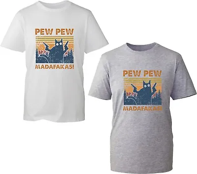 Buy PEW PEW MADAFAKAS Funny T-Shirt Cat Vintage  Retro Mem Xmas Gift Unisex Tee Top • 11.99£