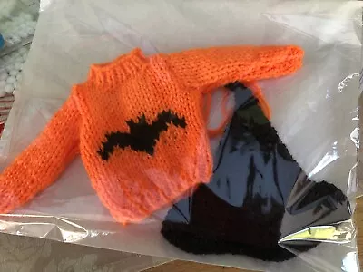 Buy Christmas Elf: HandKnit Halloween Bat Motif On The Jumper Witches Hat Shelf Made • 7.99£