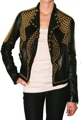 Buy New Black Heavy Metal Gold Studs Motorbike Leather Jacket Women XPLD88 • 286.30£