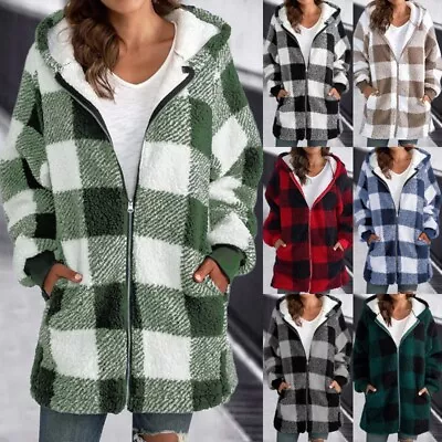 Buy Womens Plaid Long Sleeve Fleece Fuzzy Jackets Ladies Zip Up Hooded Coat Outwear • 5.51£