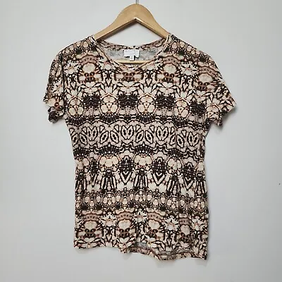 Buy Witchery Top Womens XS Brown Beige Geometric Linen T Tee Shirt • 12.62£