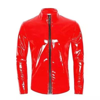 Buy Shiny Wet Look Pvc Long Sleeve Zip Mens Faux Patent Leather Coat Jacket Top Slim • 29.46£
