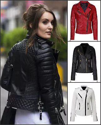 Buy Women's 100% Real Lambskin Leather Biker Jacket Black Motorcycle Quilted Jacket • 99.21£