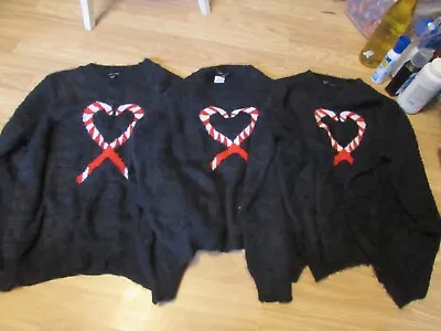 Buy Ladies Novelty Christmas/candy Cane Heart Patterned Black Jumper By New Look • 14£