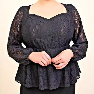 Buy BNWT Torrid Size 3 (22/24) Black Lace Sweetheart Neck Peplum Puff Sleeve Top • 33.82£