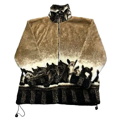 Buy Vintage Wildlife Horse Fleece Jacket 90s All Over Print 90s Brown Mens Medium • 39.99£