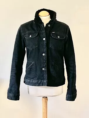 Buy Wrangler Well Loved Black Denim Single Breasted Fleece Lined Cropped Jacket M • 19.99£