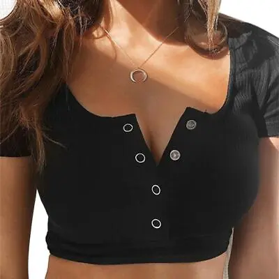 Buy Women Short Sleeve Button Front T-Shirt Sexy Low Cut Ribbed Knit Slim Crop Top • 7.39£