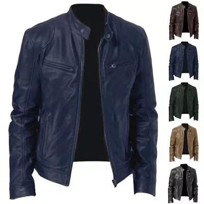 Buy Men's Leather Biker Jacket Motorcycle Zip Up Coats Collar Tops Outwear Plus Size • 33.19£