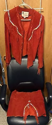 Buy Vtg Ren Ellis Red Leather  Beaded Fringe Tapered Size 6 Jacket And Small Skirt • 57.49£