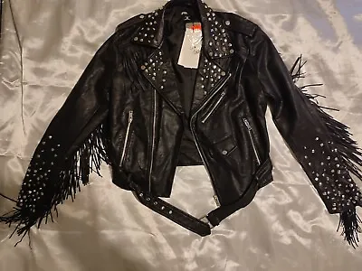 Buy BRAND NEW Jacket Size M Studded Fringe Faux Leather Motorbike Rocker Metal • 120£