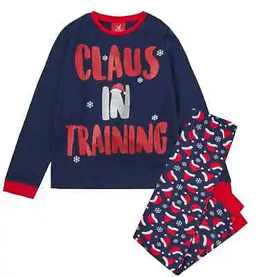 Buy New Kids Boys Navy Xmas Christmas  'Claus In Training' Print Long Pyjama Set • 5.99£