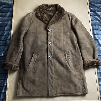 Buy Vintage Shearling Genuine Sheepskin Fur Lined Brown Coat Real Leather Jacket • 38£